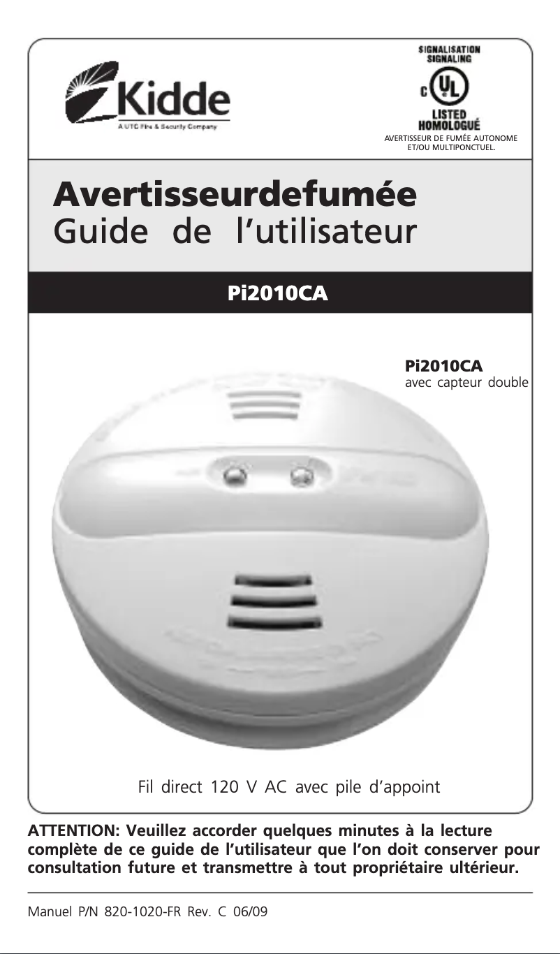 Page n°1 - Manuel utilisateur Kidde Pi2010CA