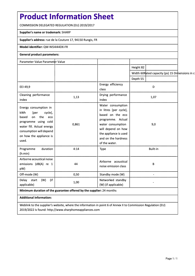 Page n°1 - Manuel utilisateur Sharp QW-NI54I44DX-FR