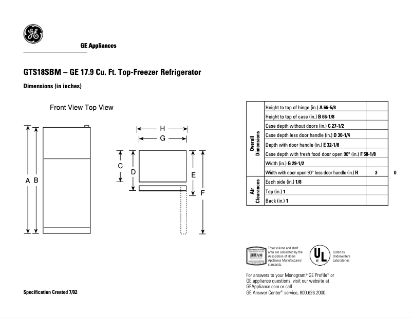 Page 1 de la notice Fiche technique GE GTS18SBMBS