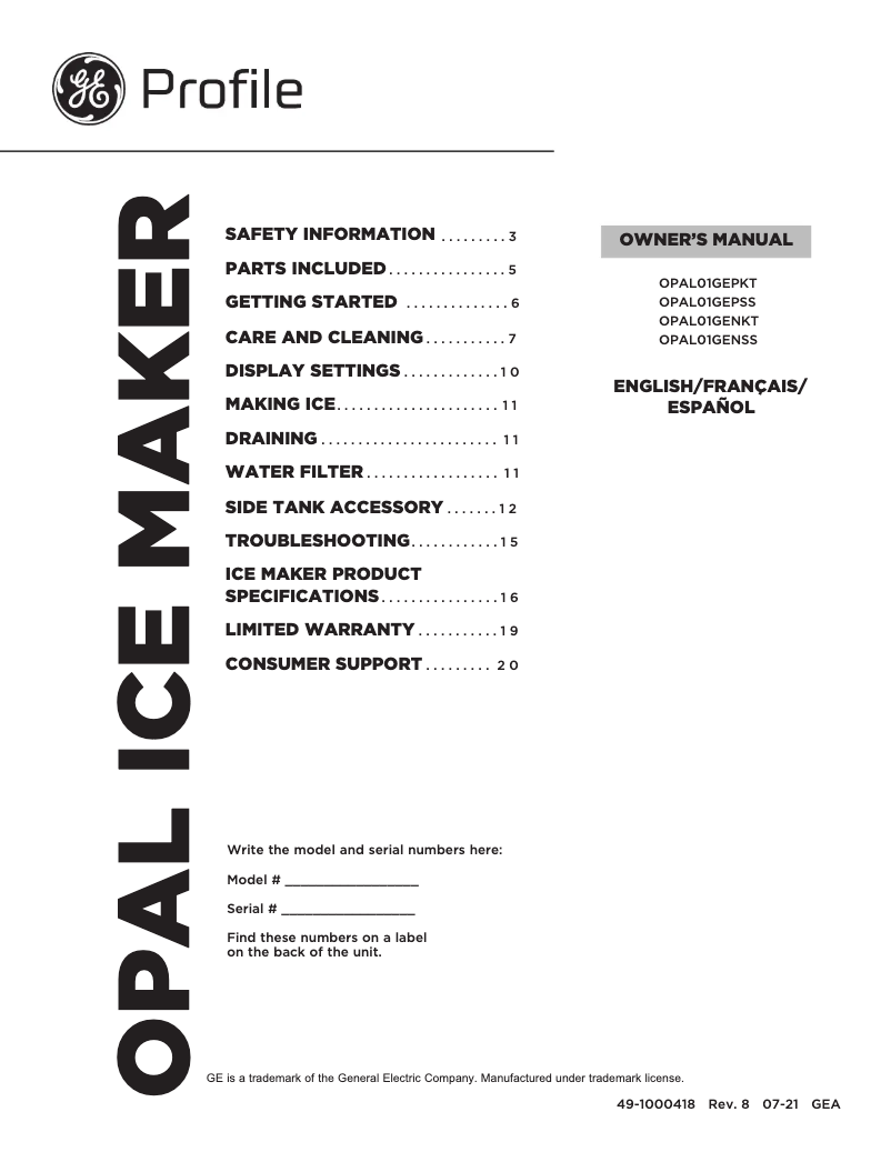 Page 1 of the manual User Manual GE Profile Opal OPAL01GENSS