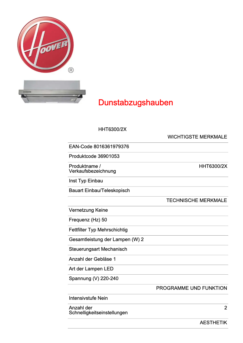 Page n°1 - Fiche technique Hoover HBG520S