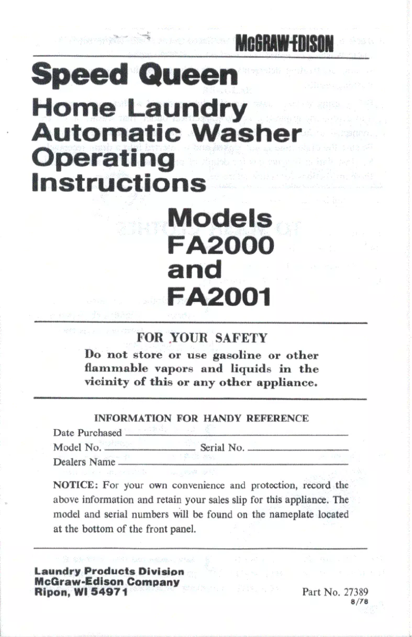 Página 1 del manual Manual de usuario Speed Queen FA2001