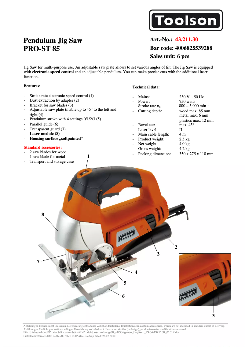 Page n°1 - Fiche technique Toolson PRO-ST 85