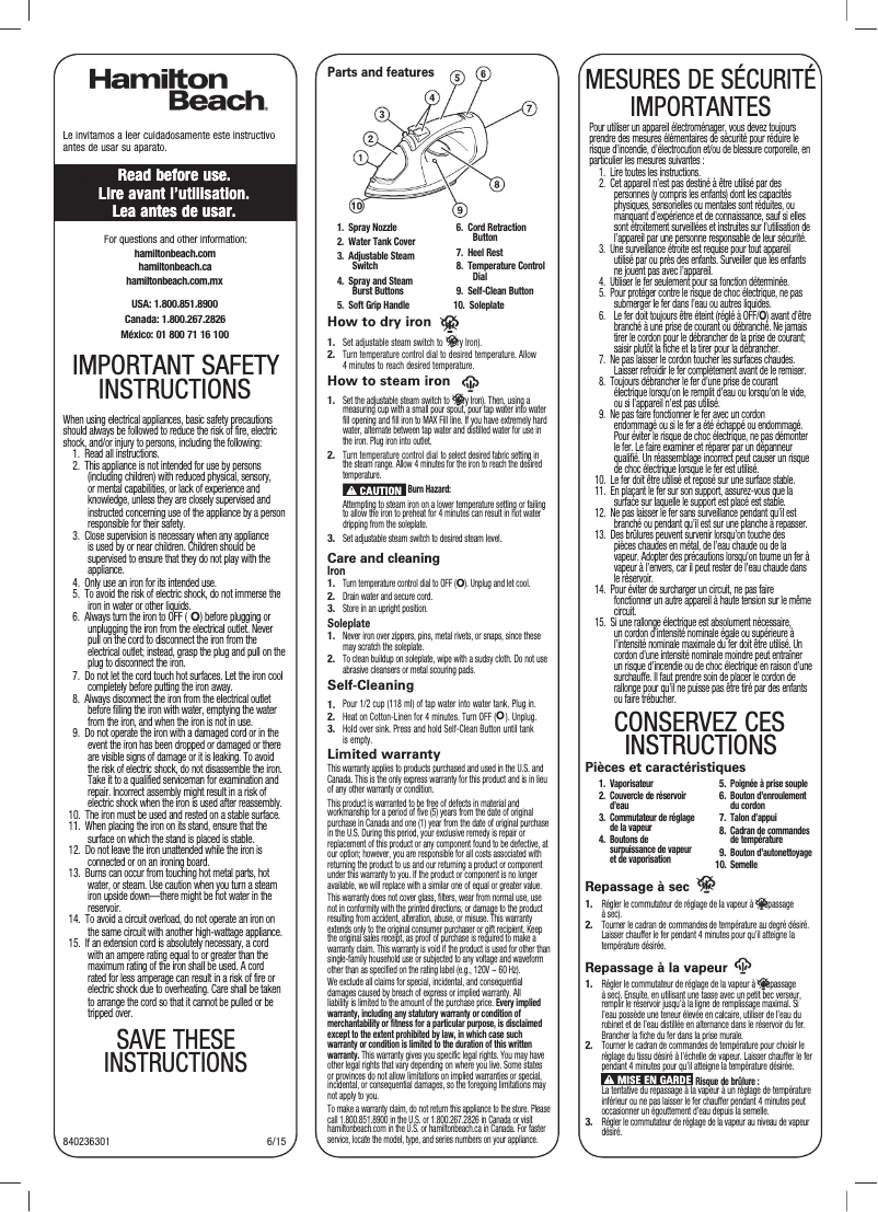 Page 1 de la notice Manuel utilisateur Hamilton Beach 14881