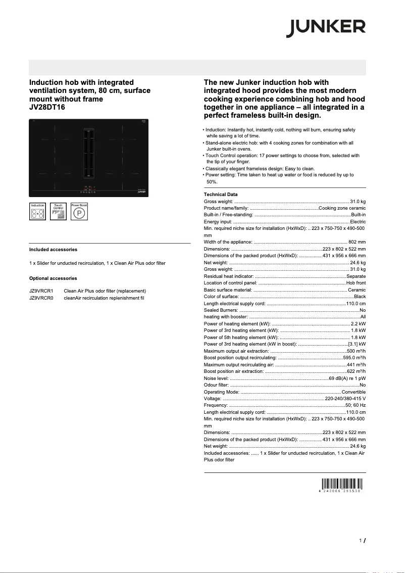 Page 1 de la notice Fiche technique Junker JV28DT16