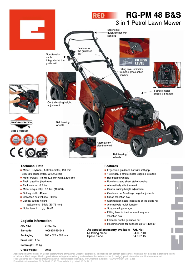 Page n°1 - Fiche technique Einhell RG-PM 48 B&S