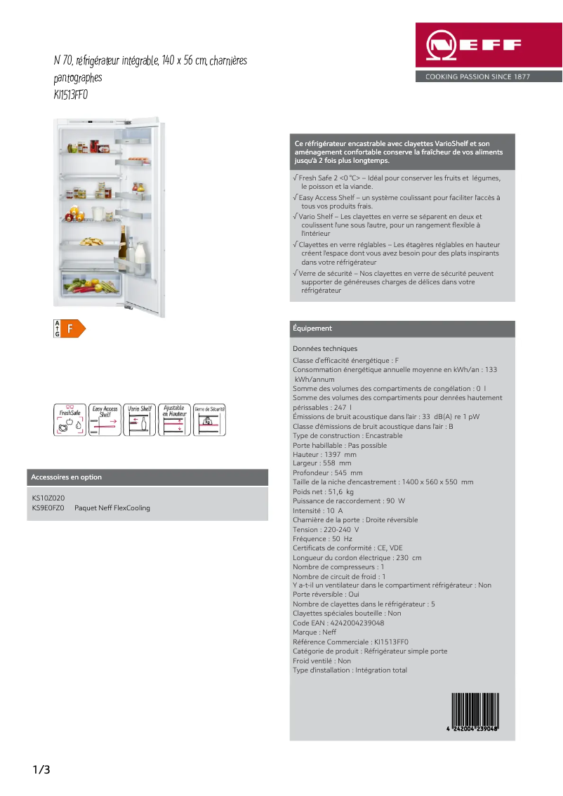 Page n°1 - Fiche technique Neff KI1513FF0