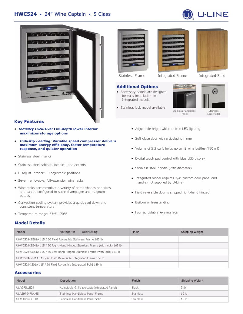 Page n°1 - Fiche technique U-Line UHWC524-SG01A