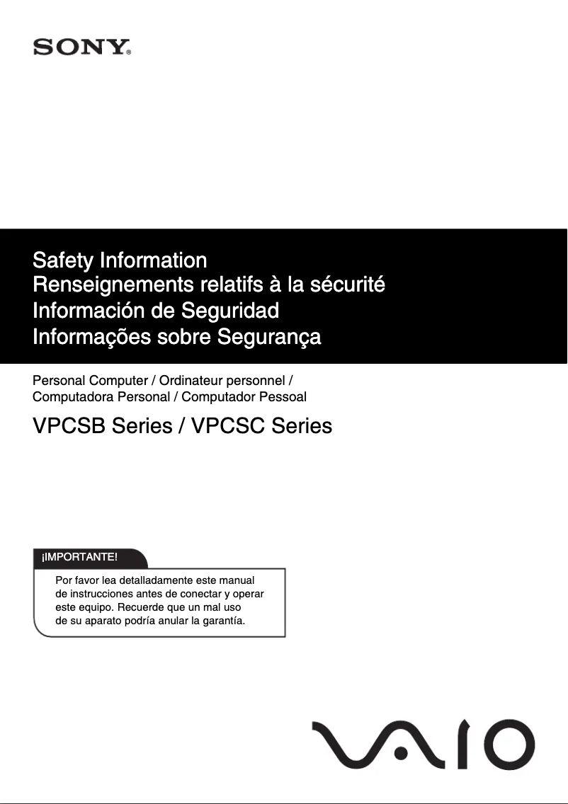 Page n°1 - Instructions de sécurité Sony Vaio VPCSB190X
