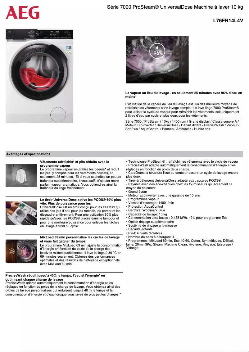 Page 1 de la notice Fiche technique AEG L76FR14L4V