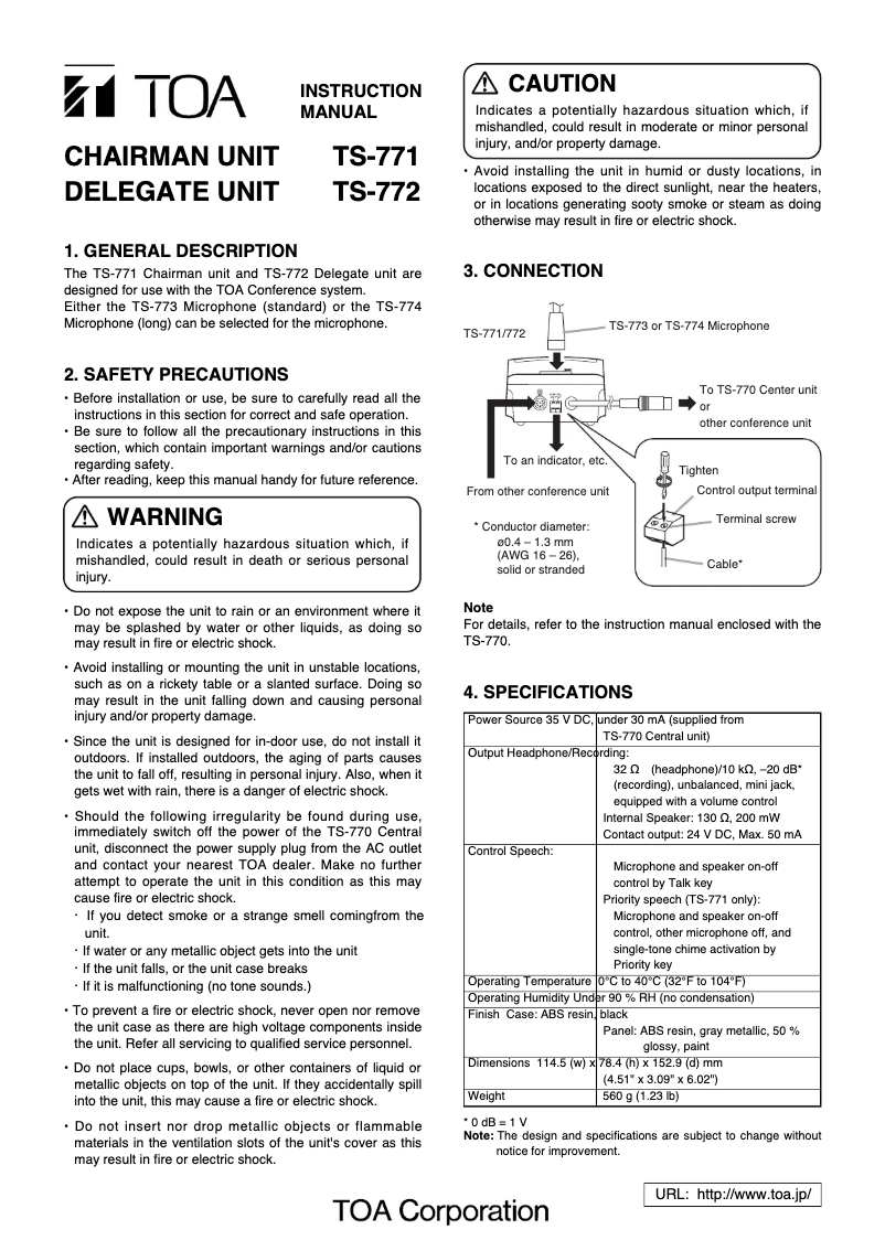 Page 1 de la notice Manuel utilisateur TOA TS-771