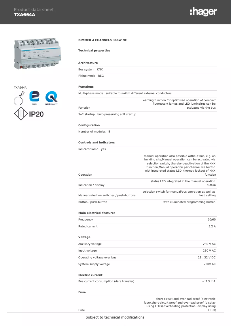 Page 1 de la notice Fiche technique Hager TXA664A