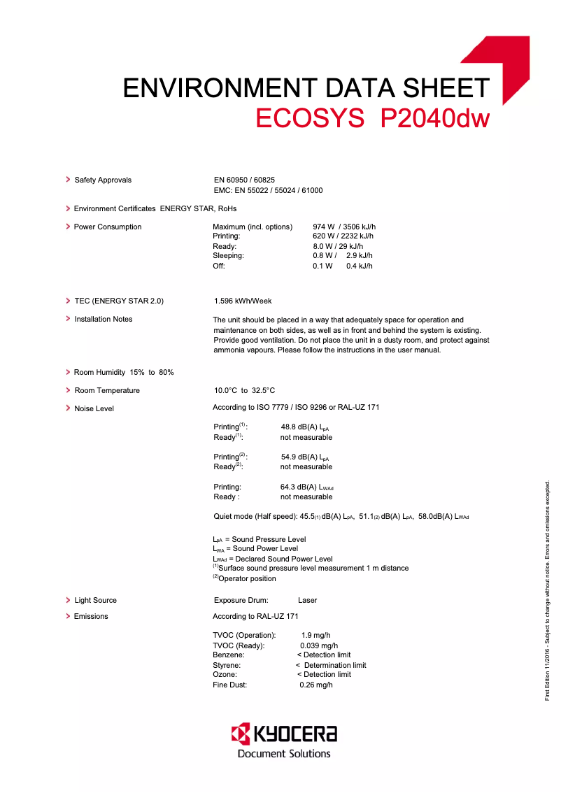 Page 1 de la notice Fiche technique Kyocera ECOSYS P2040dw