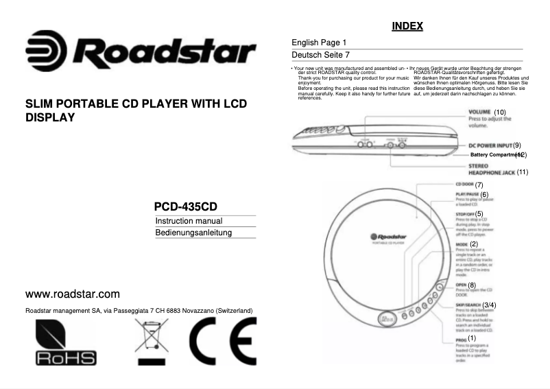 Page 1 de la notice Manuel utilisateur Roadstar PCD-435CD