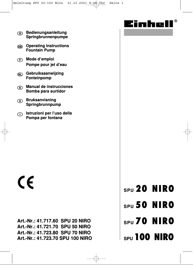 Page 1 de la notice Manuel utilisateur Einhell SPU 100 Niro