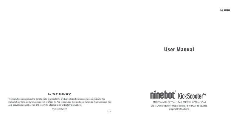 Image de la première page du manuel de l'appareil Ninebot KickScooter ES2