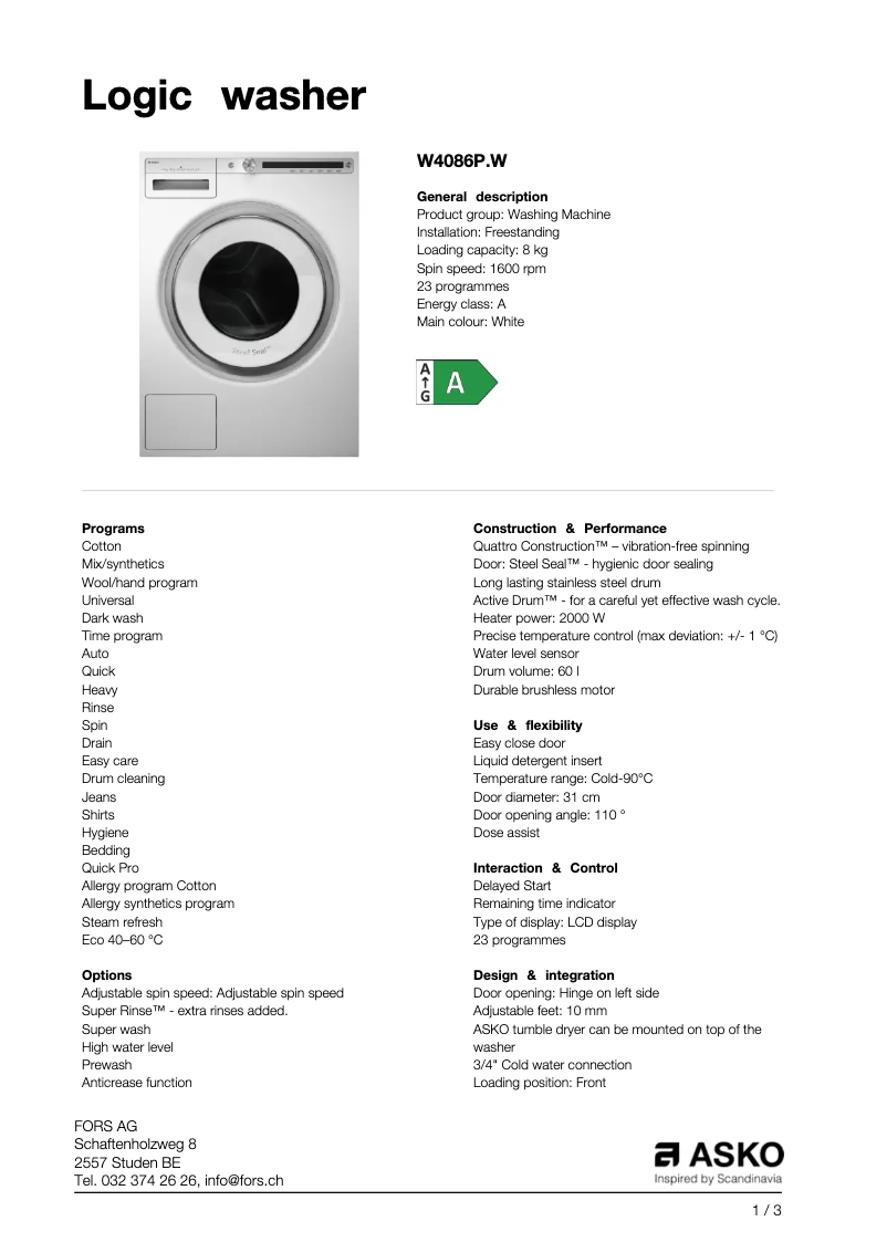 Page 1 de la notice Fiche technique Asko W4086PW
