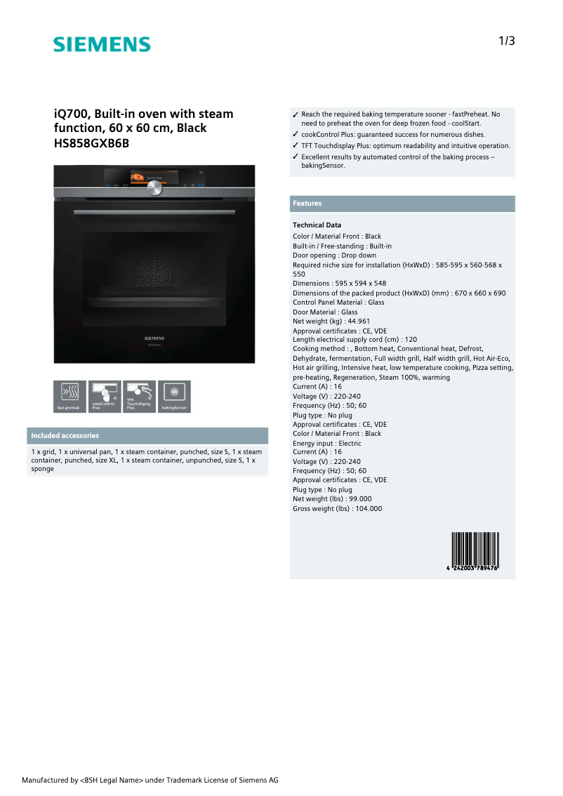 Página 1 del manual Ficha técnica Siemens HS858GXB6B