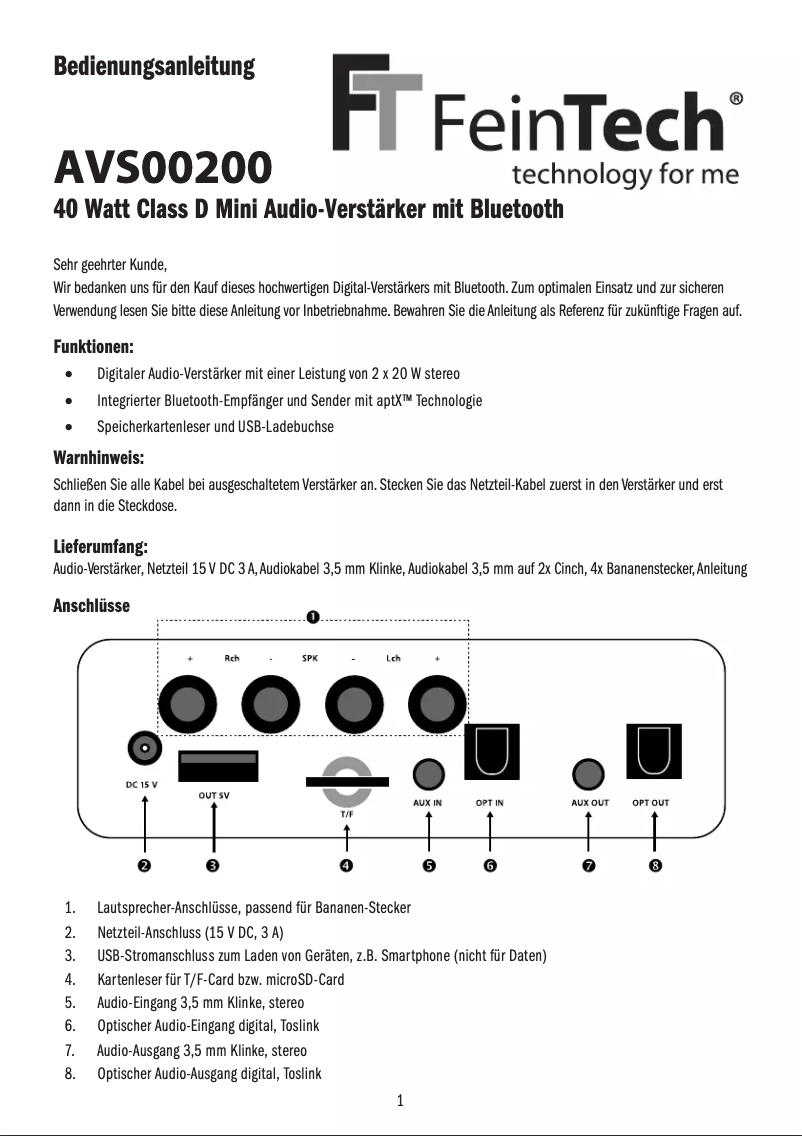 Page 1 of the manual User Manual FeinTech AVS00200