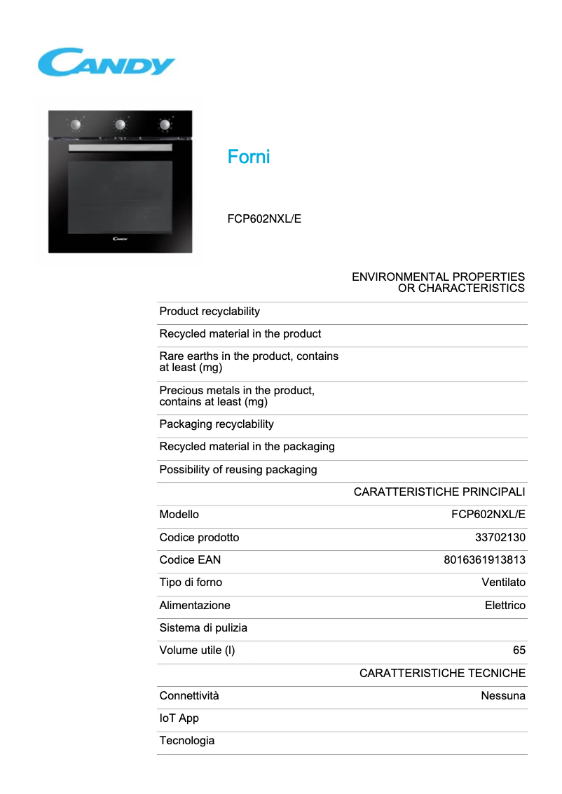 Page 1 de la notice Fiche technique Candy FCP602NXL/E