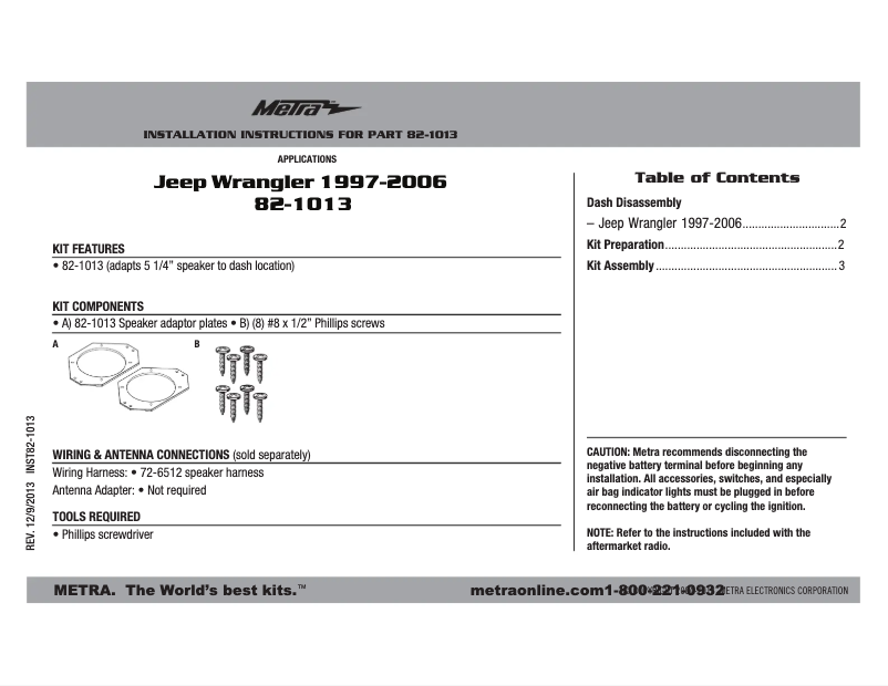 Page 1 de la notice Manuel utilisateur Metra 82-1013