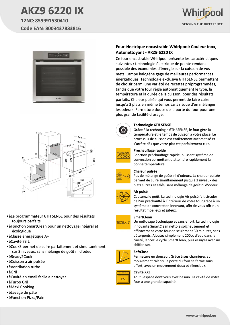 Page 1 de la notice Fiche technique Whirlpool AKZ9 6220 IX