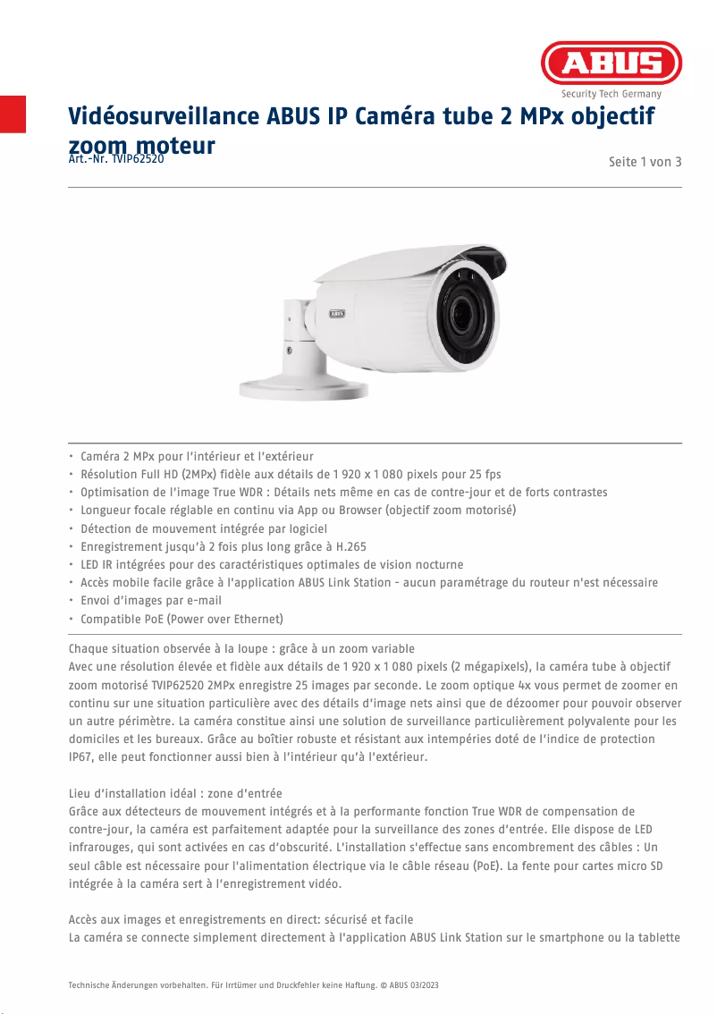 Page n°1 - Fiche technique Abus TVIP62520