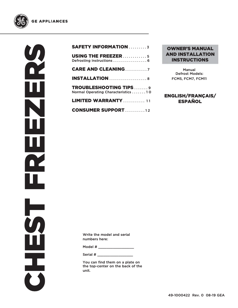 Page 1 de la notice Manuel d'utilisation et d'entretien GE FCM5STWW