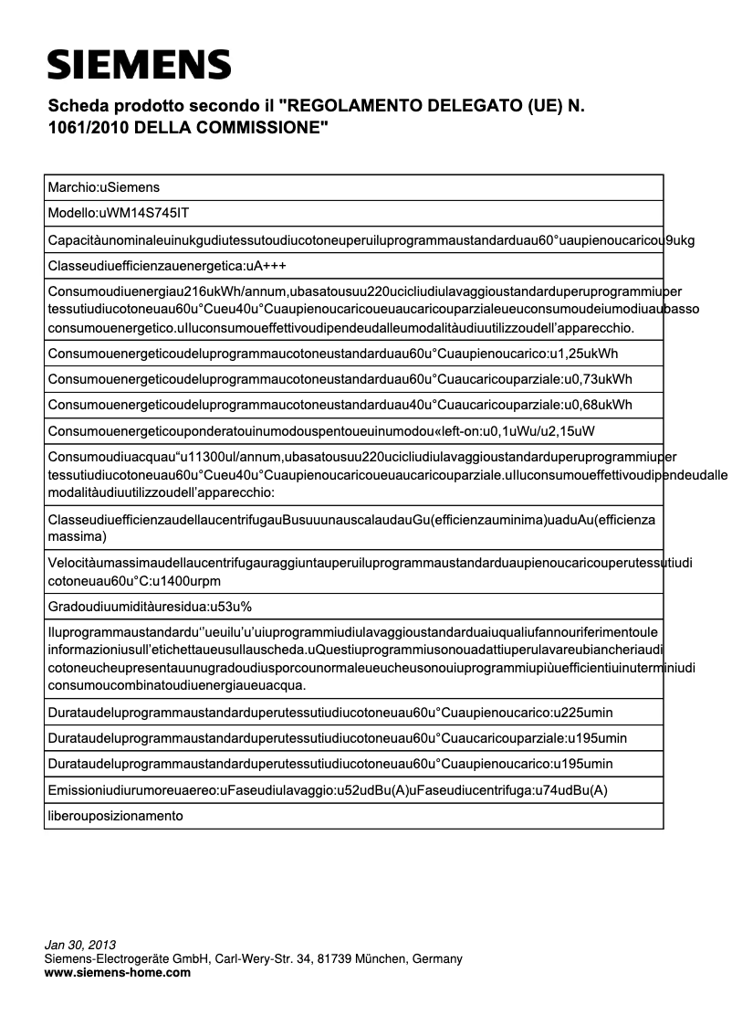Page 1 de la notice Manuel utilisateur Siemens WM14S745IT