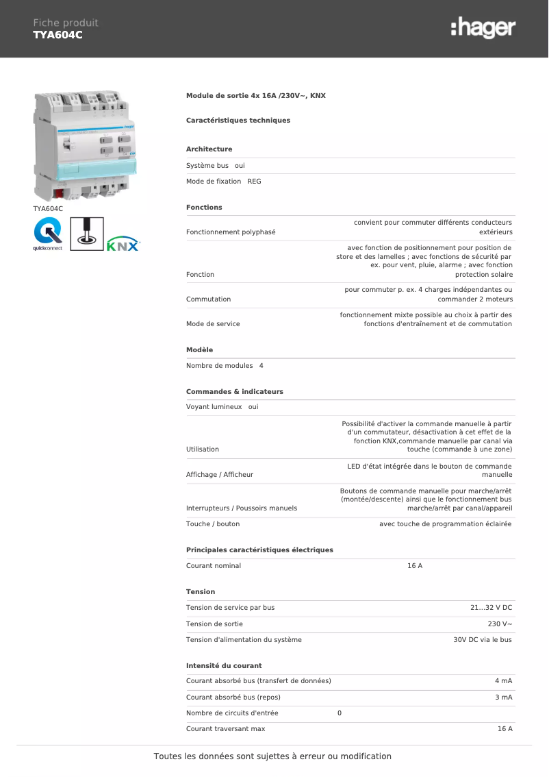 Page 1 de la notice Fiche technique Hager TYA604C