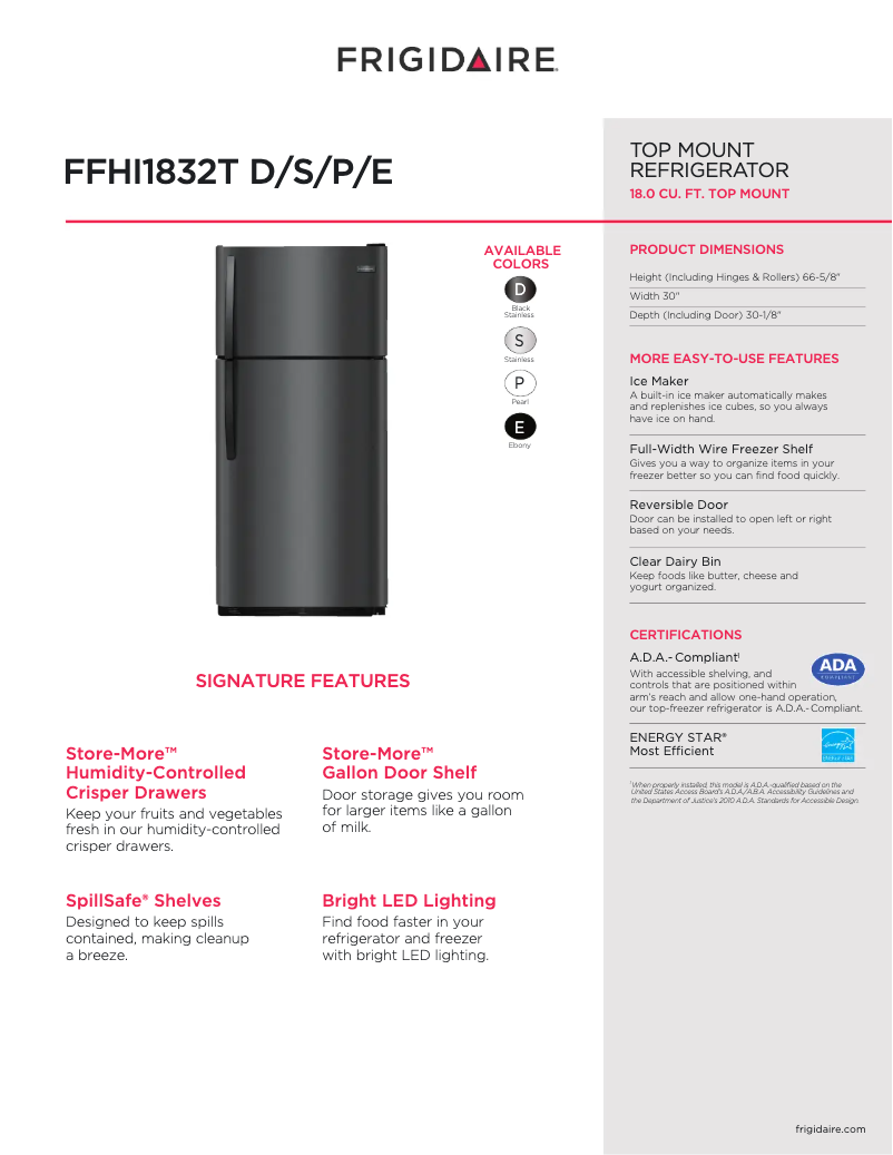 Page n°1 - Fiche technique Frigidaire FFHI1832T