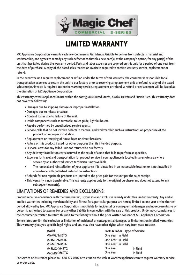 Page 1 de la notice Informations de garantie Magic Chef M48MG