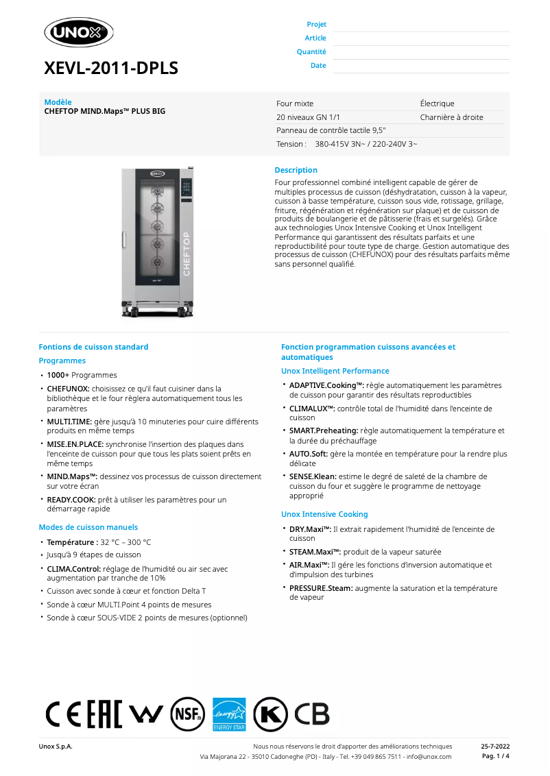 Page 1 of the manual Technical Sheet Unox CHEFTOP MIND.Maps BIG PLUS