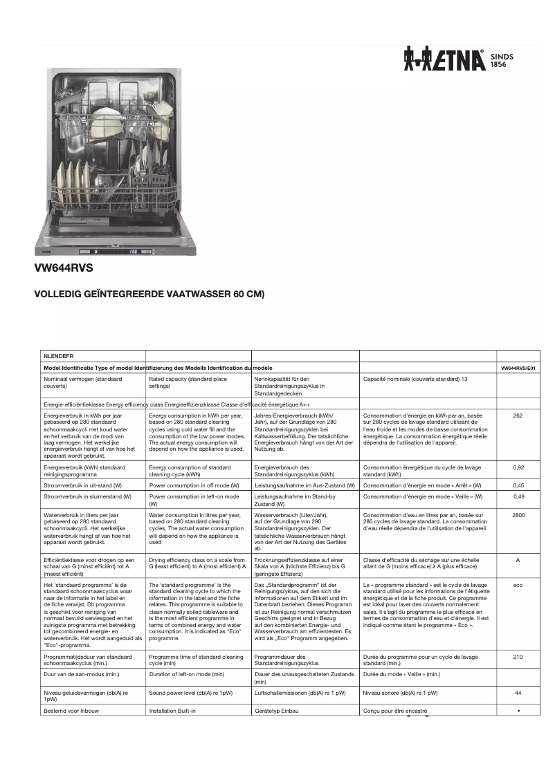 Page 1 de la notice Fiche technique Etna VW644RVS