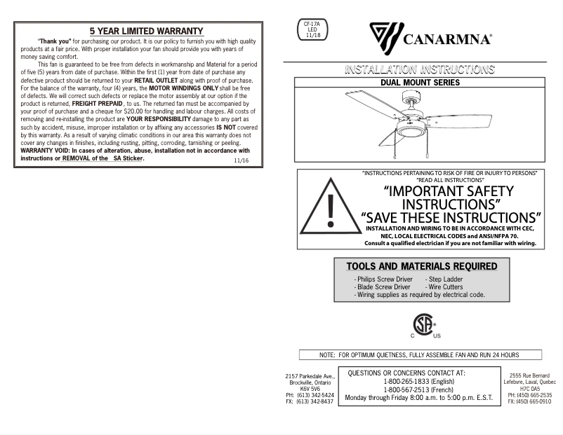 Page n°1 - Guide d'installation Canarm Wallis