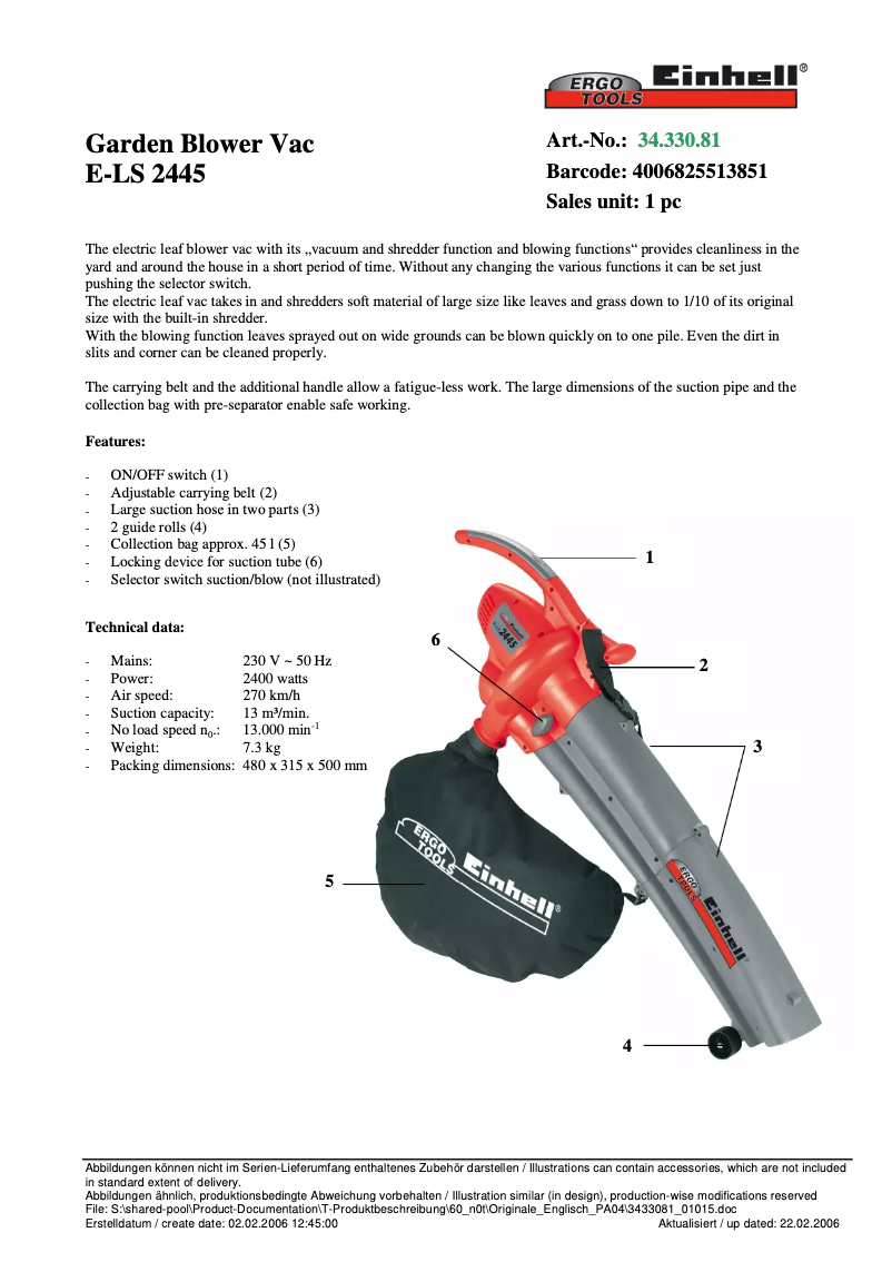 Page 1 de la notice Fiche technique Ergotools Pattfield E-LS 2445