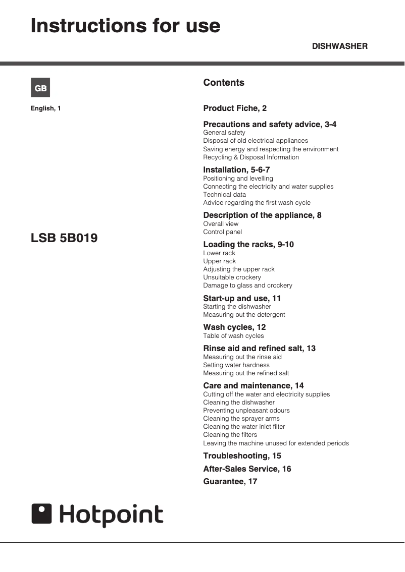 Image de la première page du manuel de l'appareil LSB 5B019 Aquarius