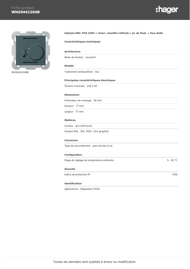 Page 1 de la notice Fiche technique Hager WH20441204B