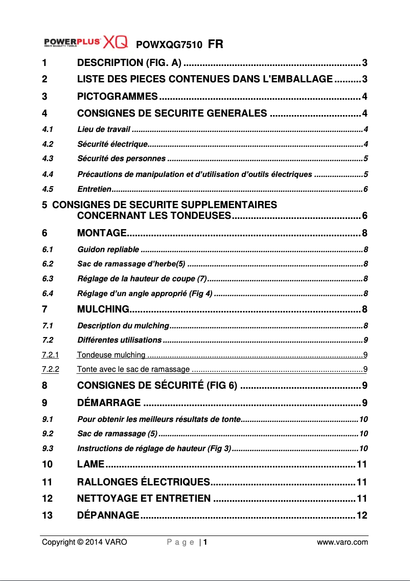 Page 1 de la notice Manuel utilisateur PowerPlus POWXQG7510