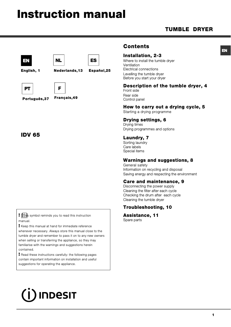 Page n°1 - Manuel utilisateur Indesit IDV 65