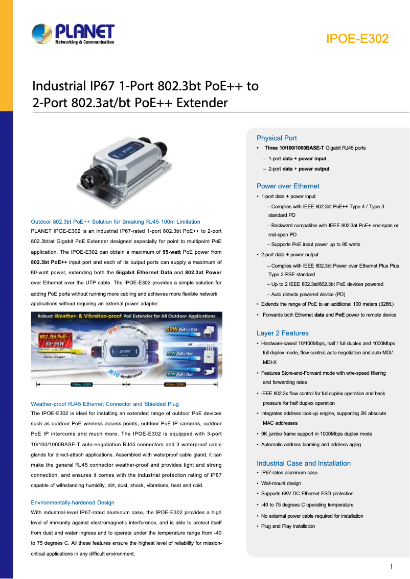 Page 1 de la notice Fiche technique Planet IPOE-E302