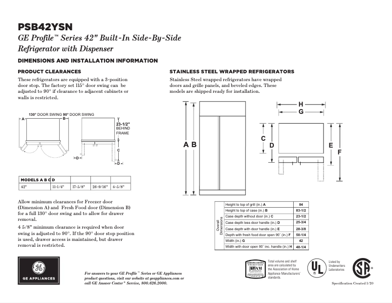 Page 1 de la notice Fiche technique GE PSB42YSNSS