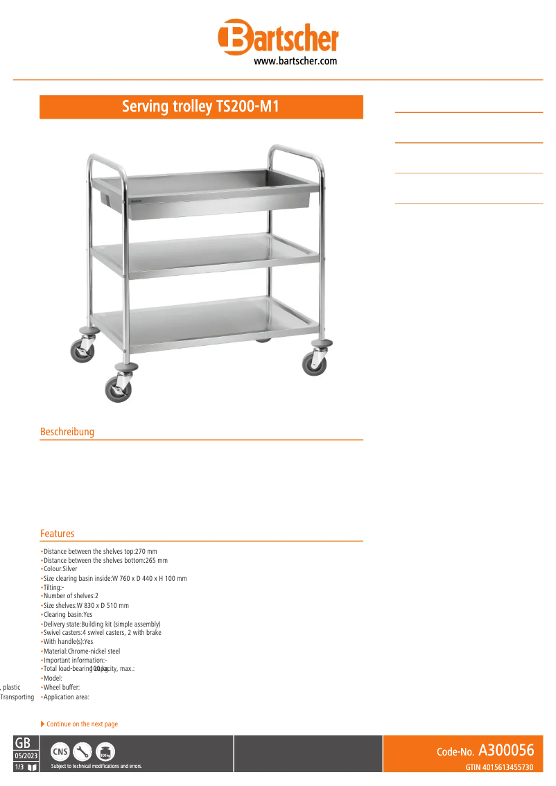 Page 1 de la notice Fiche technique Bartscher TS200-M1
