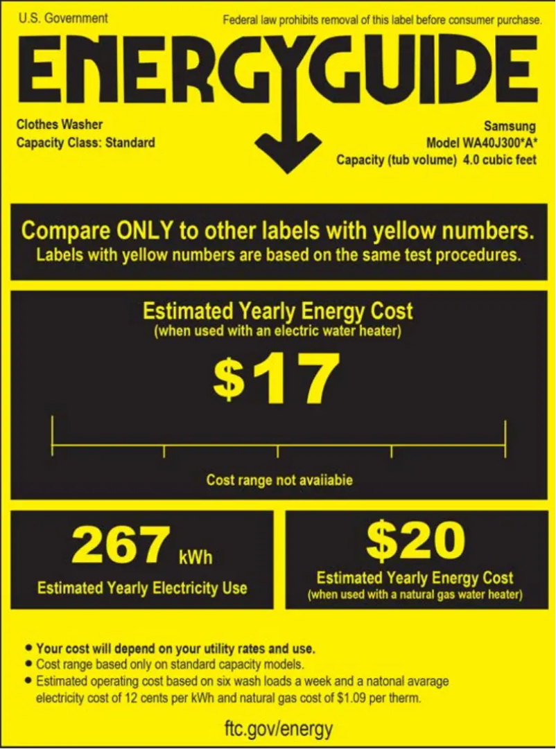 Page 1 de la notice Label énergétique Samsung WA40J3000AW