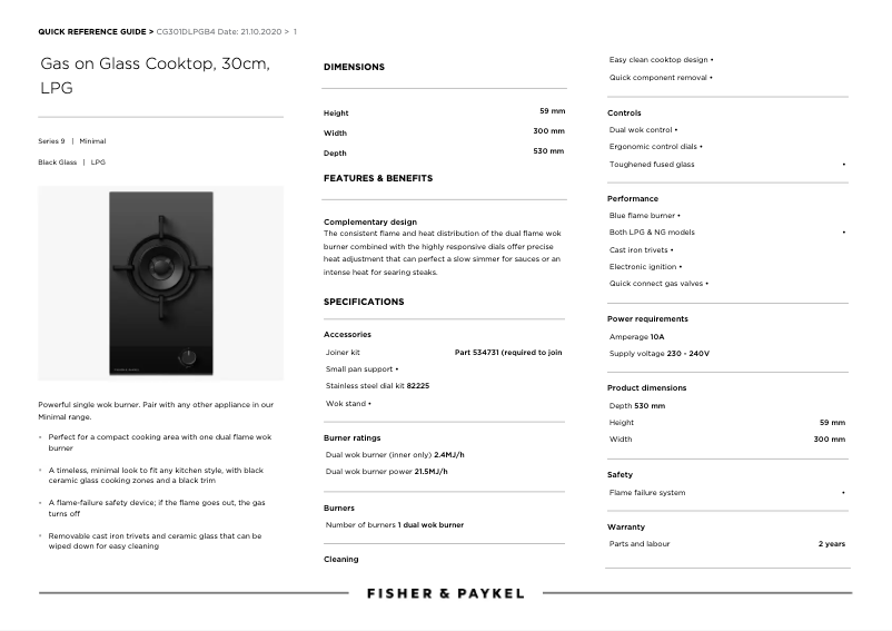 Page n°1 - Fiche technique Fisher & Paykel CG301DLPGB4