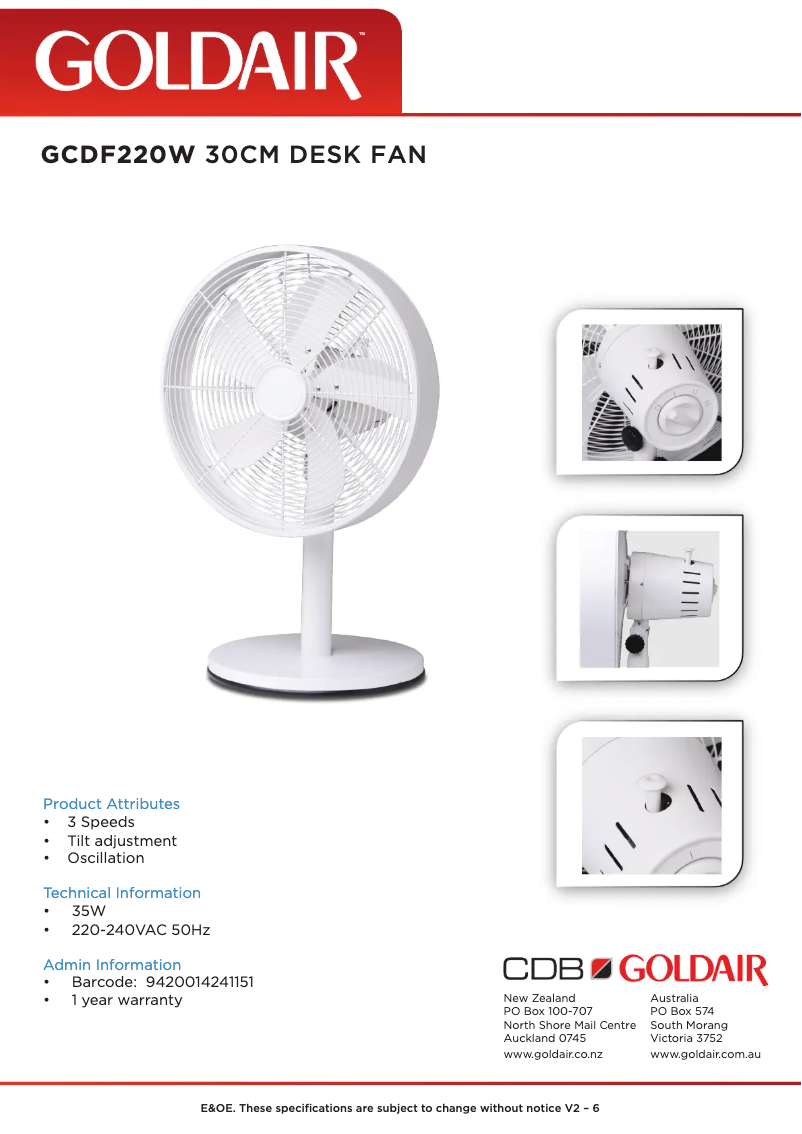 Page 1 de la notice Fiche technique GoldAir GCDF220W
