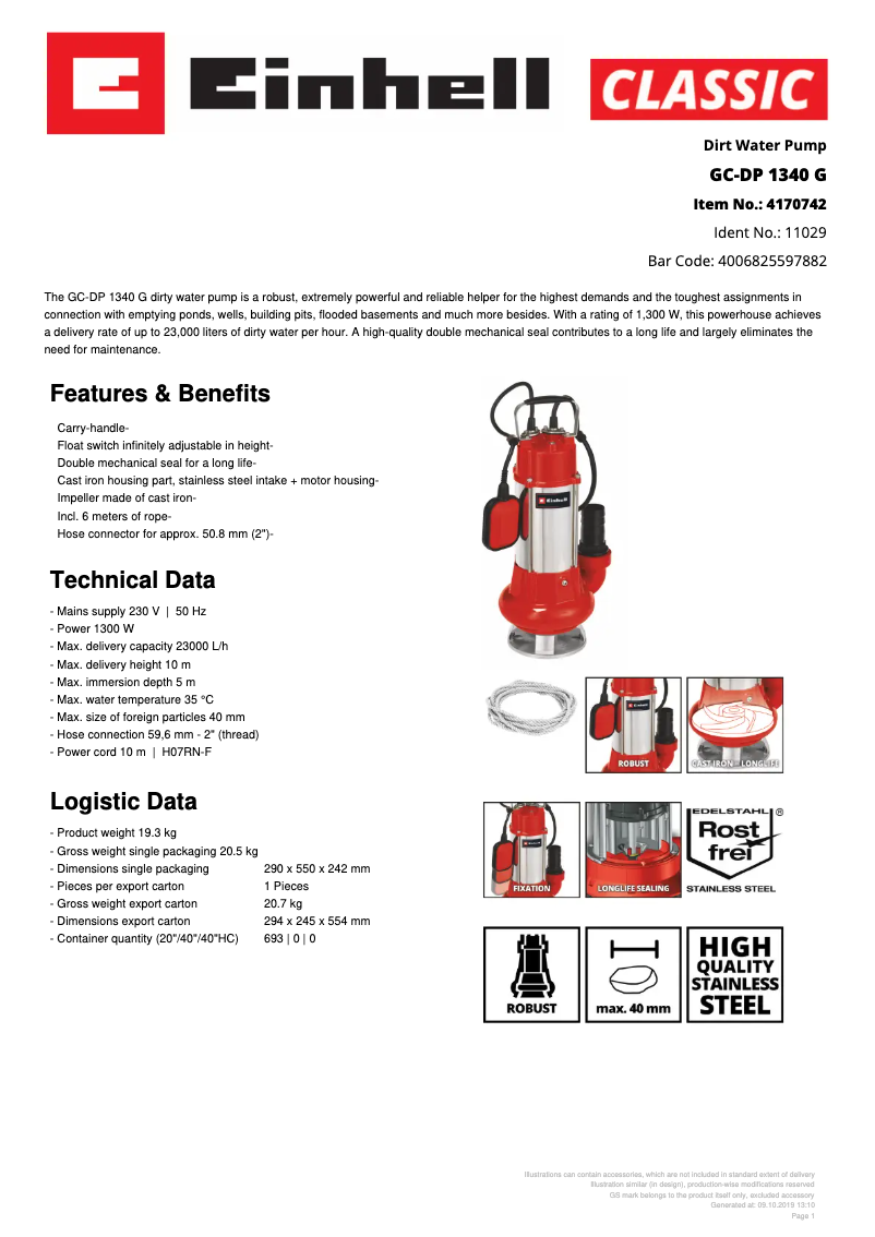Page n°1 - Fiche technique Einhell GC-DP 1340 G