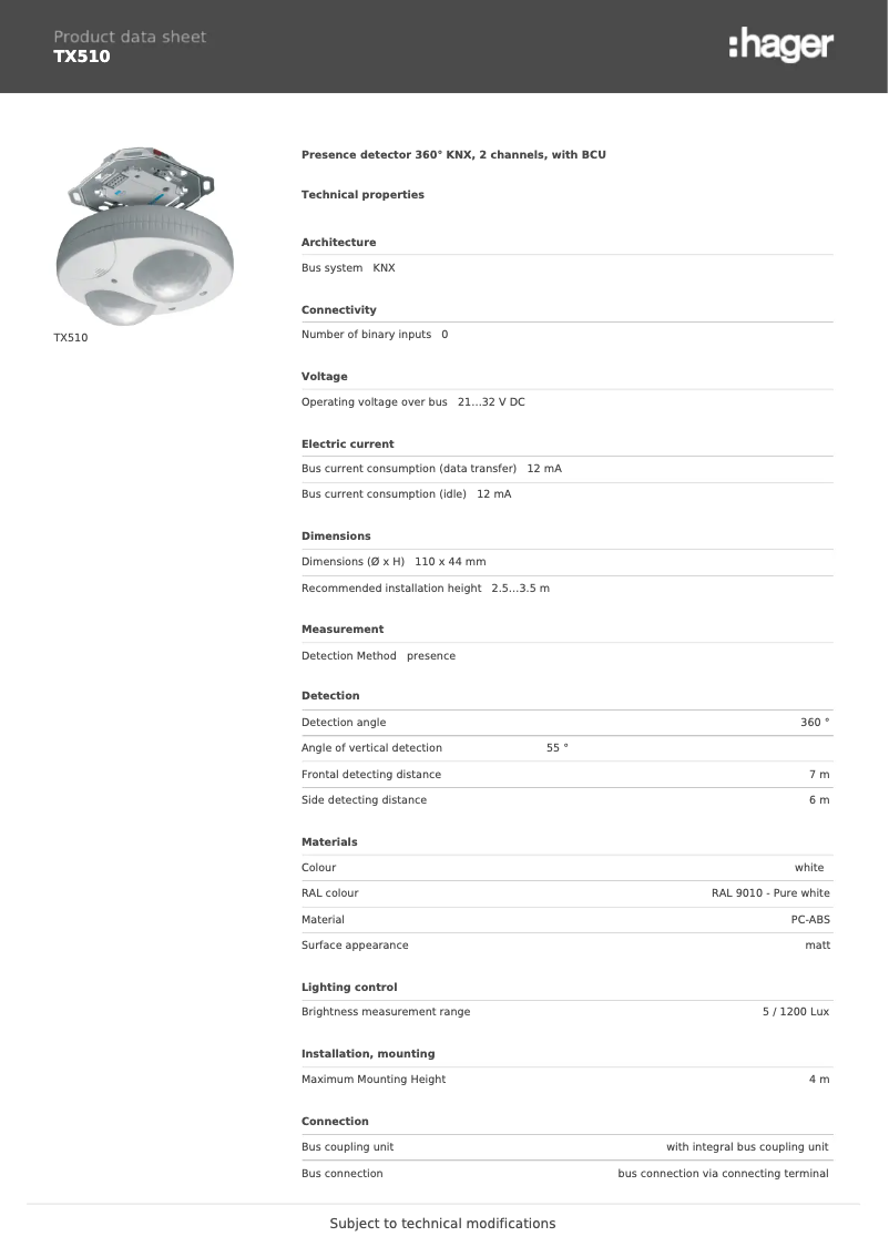 Page 1 de la notice Fiche technique Hager TX510