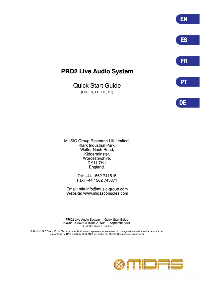 Page 1 de la notice Guide de démarrage rapide Midas PRO2
