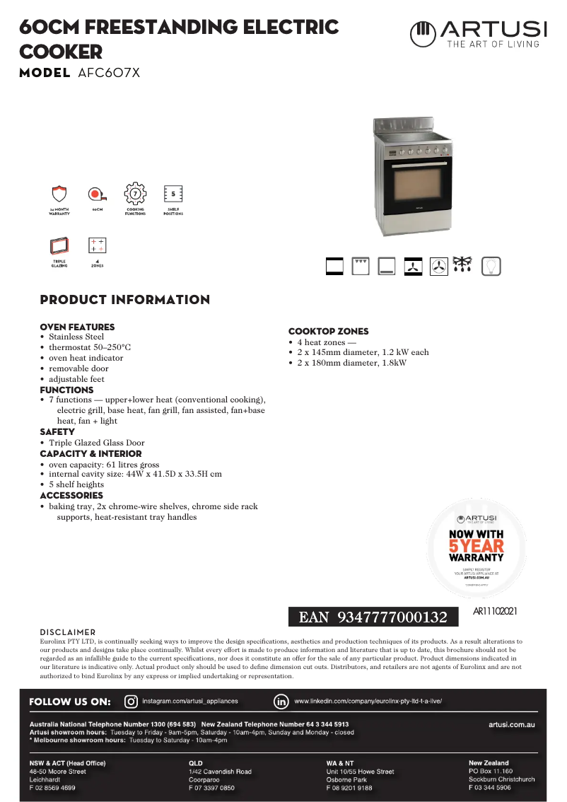 Page 1 de la notice Fiche technique Artusi AFC607X